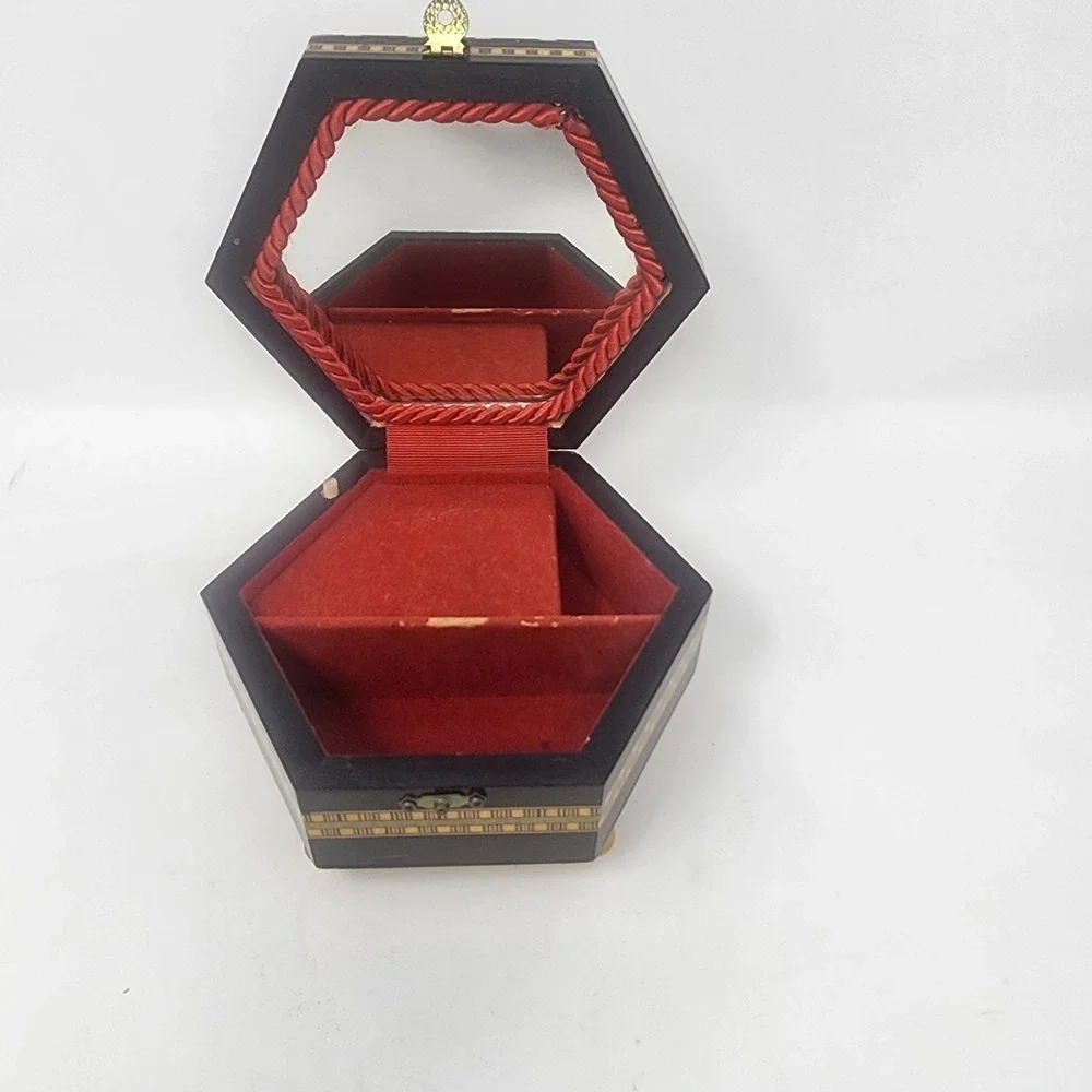 Handmade Music Jewelry Box Wood‎ Inlay Taracea Marquetry Hexagon Shape Spain